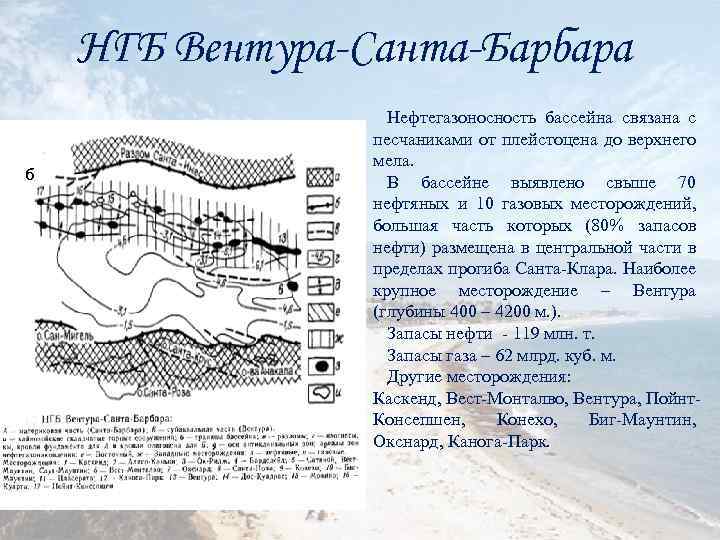 НГБ Вентура-Санта-Барбара б б Нефтегазоносность бассейна связана с песчаниками от плейстоцена до верхнего мела.