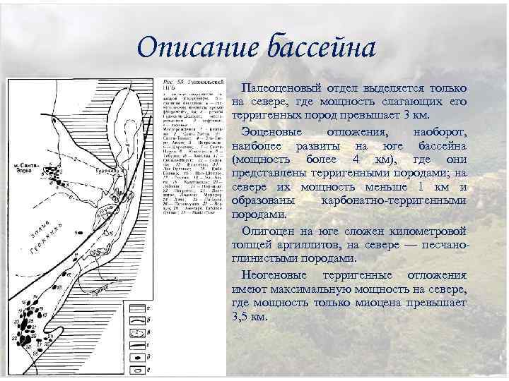 Описание бассейна Палеоценовый отдел выделяется только на севере, где мощность слагающих его терригенных пород