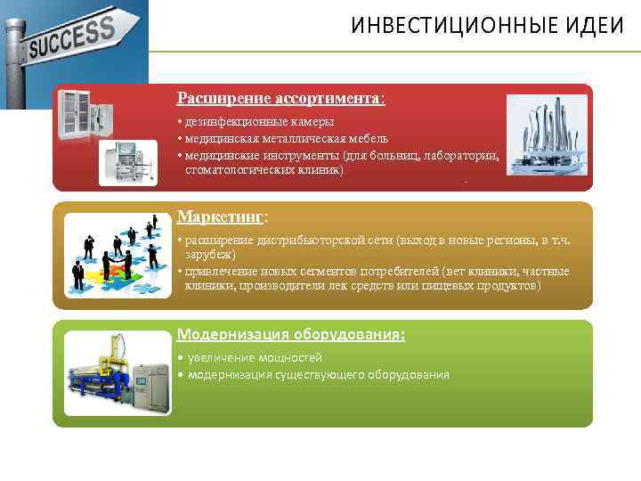 ИНВЕСТИЦИОННЫЕ ИДЕИ Расширение ассортимента: • дезинфекционные камеры • медицинская металлическая мебель • медицинские инструменты