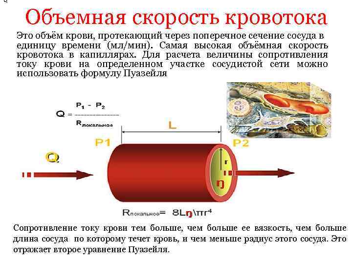 Q Объемная скорость кровотока Это объём крови, протекающий через поперечное сечение сосуда в единицу