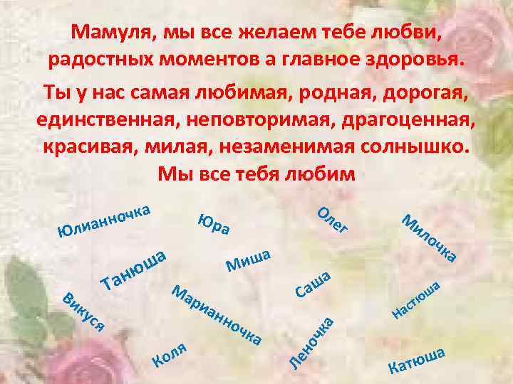 Мамуля, мы все желаем тебе любви, радостных моментов а главное здоровья. Ты у нас