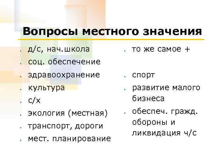 Вопросы местного значения д/с, нач. школа то же самое + соц. обеспечение здравоохранение спорт