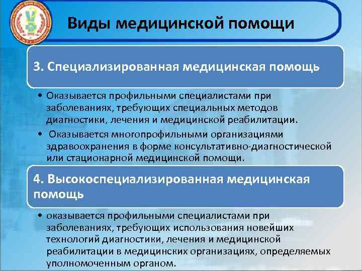 Виды медицинской помощи 3. Специализированная медицинская помощь • Оказывается профильными специалистами при заболеваниях, требующих