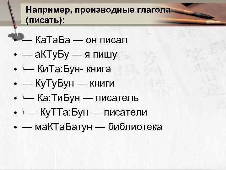 Например, производные глагола (писать): ● ● ● ● — Ка. Та. Ба — он