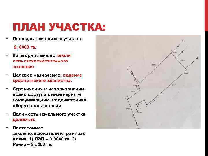 ПЛАН УЧАСТКА: • Площадь земельного участка: 9, 6000 га. • Категория земель: земли сельскохозяйственного