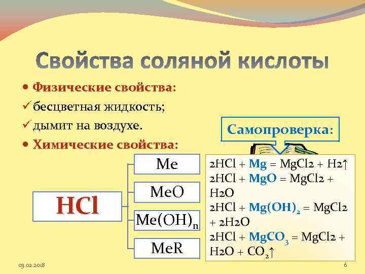  Физические свойства: ü бесцветная жидкость; ü дымит на воздухе. Химические свойства: Самопроверка: Me