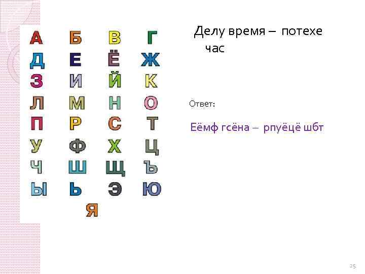 Делу время – потехе час Ответ: Еёмф гсёна – рпуёцё шбт 25 