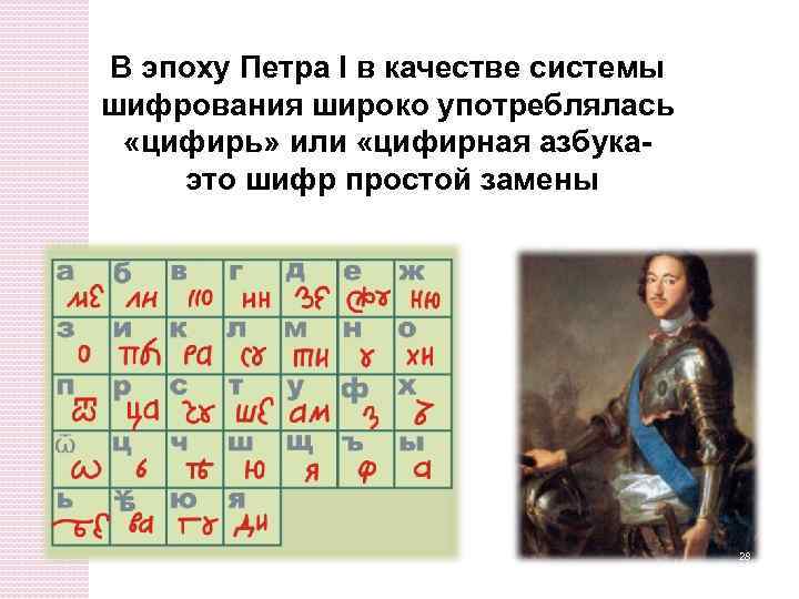 В эпоху Петра I в качестве системы шифрования широко употреблялась «цифирь» или «цифирная азбукаэто