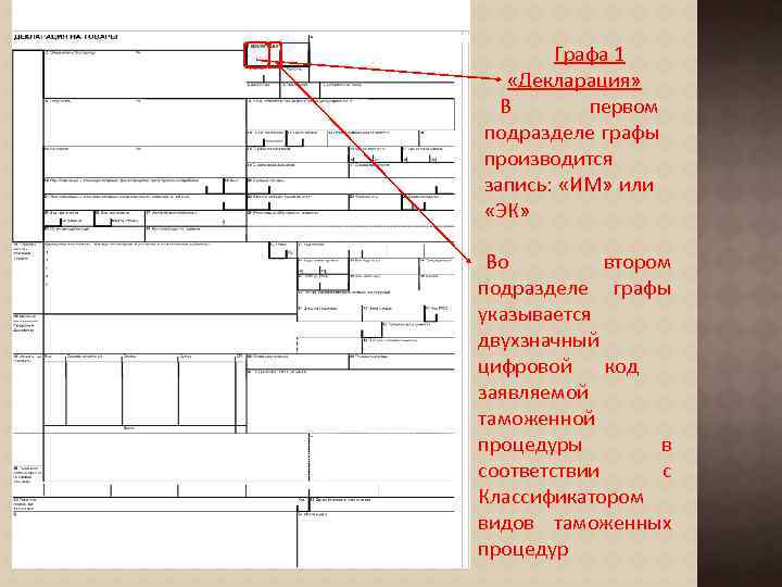 Графа 1 «Декларация» В первом подразделе графы производится запись: «ИМ» или «ЭК» Во втором