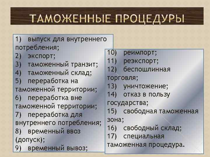 1) выпуск для внутреннего потребления; 10) реимпорт; 2) экспорт; 3) таможенный транзит; 11) реэкспорт;