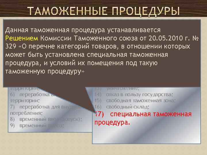 Данная таможенная процедура устанавливается Решением Комиссии Таможенного союза от 20. 05. 2010 г. №