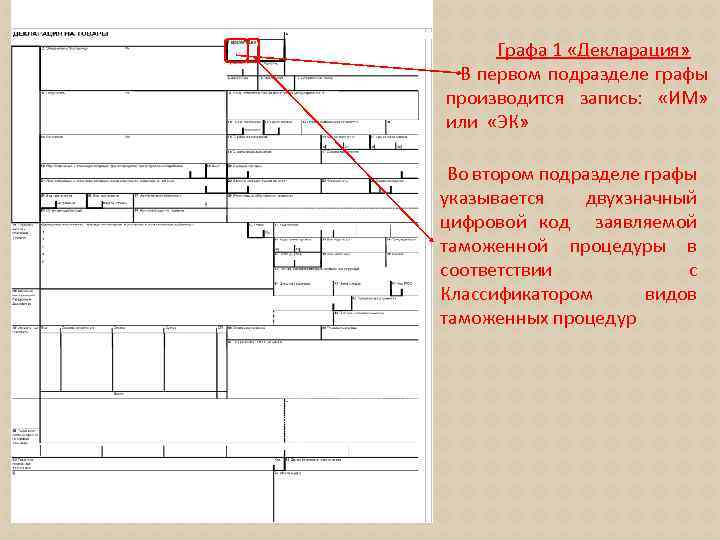 Графа 1 «Декларация» В первом подразделе графы производится запись: «ИМ» или «ЭК» Во втором