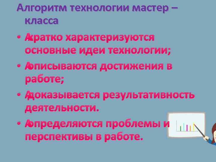 Алгоритм технологии мастер – класса • кратко характеризуются основные идеи технологии; • описываются достижения