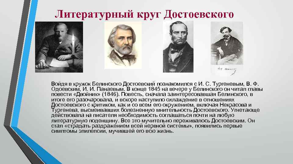 Литературный круг Достоевского Войдя в кружок Белинского Достоевский познакомился с И. С. Тургеневым, В.