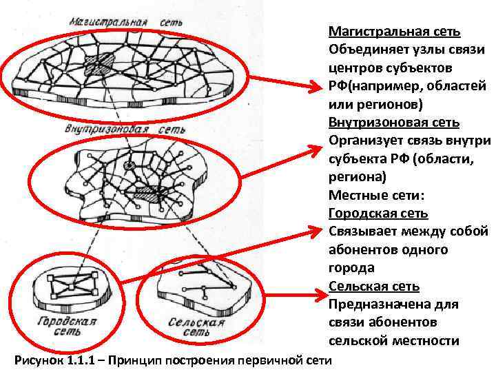 Магистральная сеть Объединяет узлы связи центров субъектов РФ(например, областей или регионов) Внутризоновая сеть Организует