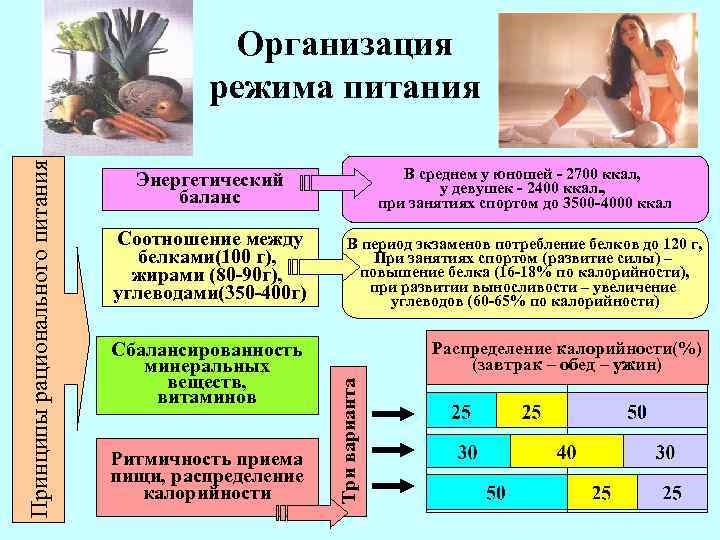 Энергетический баланс В среднем у юношей - 2700 ккал, у девушек - 2400 ккал.