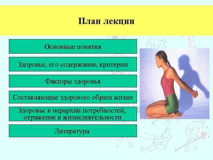 План лекции Основные понятия Здоровье, его содержание, критерии Факторы здоровья Составляющие здорового образа жизни