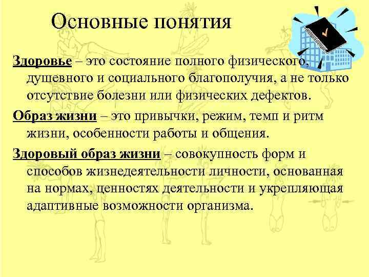 Основные понятия Здоровье – это состояние полного физического, душевного и социального благополучия, а не