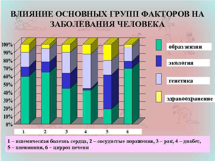 ВЛИЯНИЕ ОСНОВНЫХ ГРУПП ФАКТОРОВ НА ЗАБОЛЕВАНИЯ ЧЕЛОВЕКА образ жизни экология генетика здравоохранение 1 2
