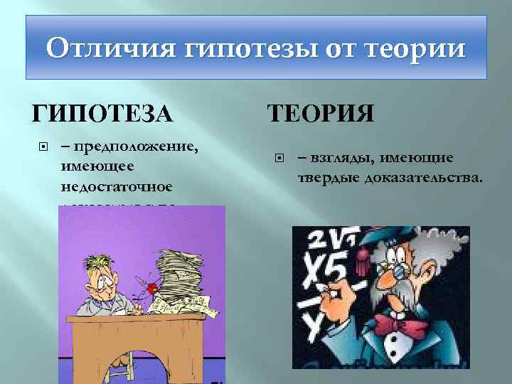 Отличия гипотезы от теории ГИПОТЕЗА – предположение, имеющее недостаточное доказательство. ТЕОРИЯ – взгляды, имеющие