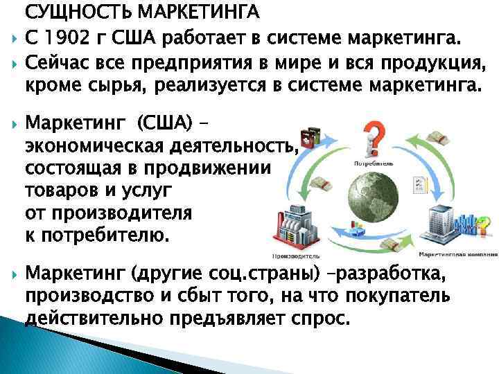  СУЩНОСТЬ МАРКЕТИНГА С 1902 г США работает в системе маркетинга. Сейчас все предприятия