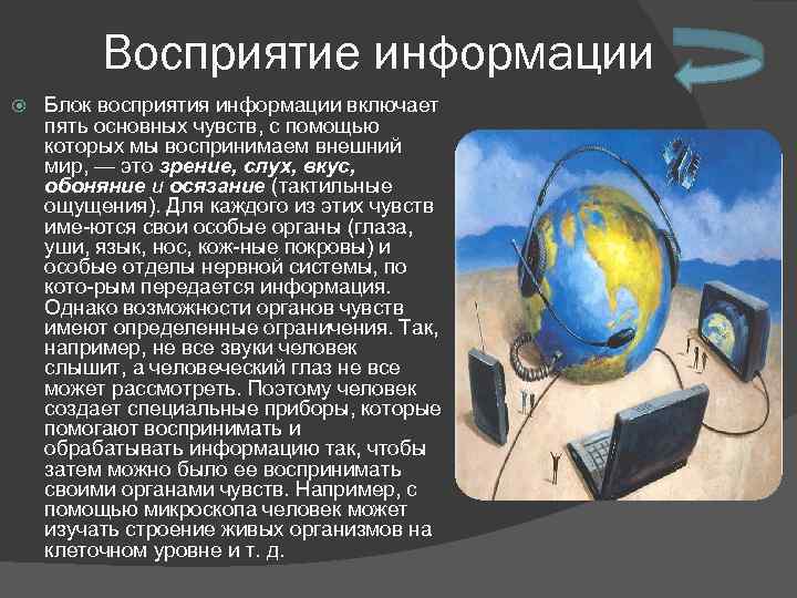 Восприятие информации Блок восприятия информации включает пять основных чувств, с помощью которых мы воспринимаем