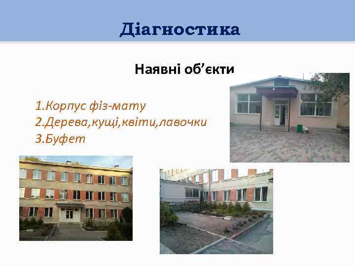 Діагностика Наявні об’єкти 1. Корпус фіз-мату 2. Дерева, кущі, квіти, лавочки 3. Буфет 