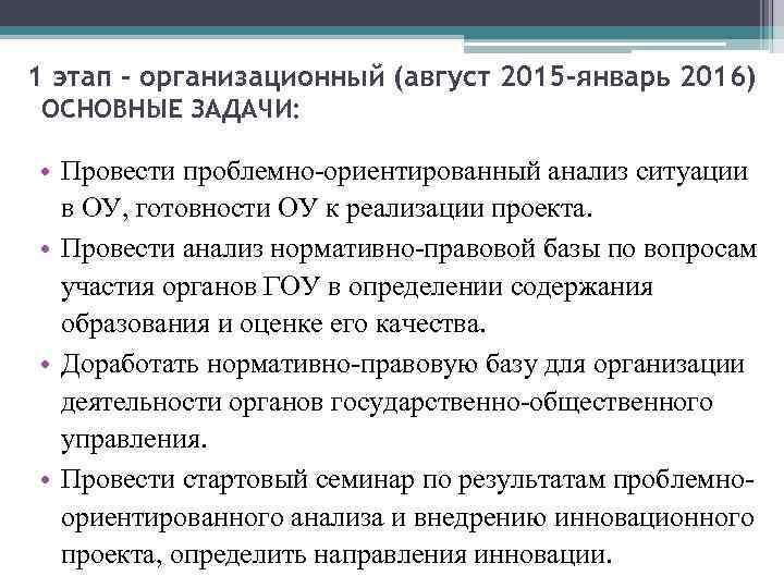 1 этап – организационный (август 2015 -январь 2016) ОСНОВНЫЕ ЗАДАЧИ: • Провести проблемно-ориентированный анализ