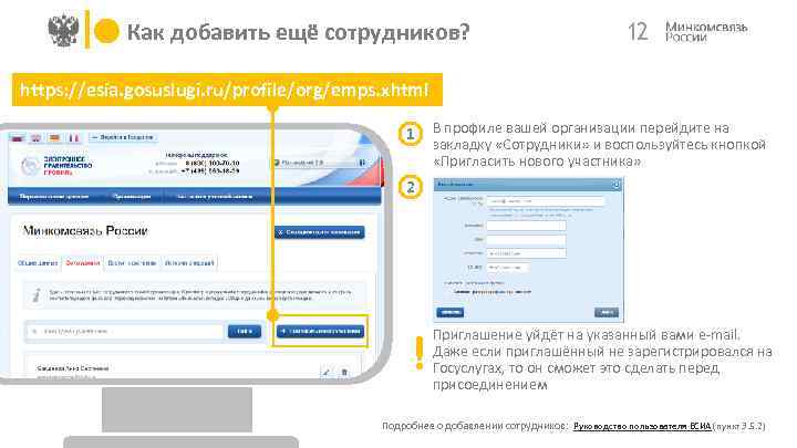 Как добавить ещё сотрудников? 12 https: //esia. gosuslugi. ru/profile/org/emps. xhtml 1 В профиле вашей