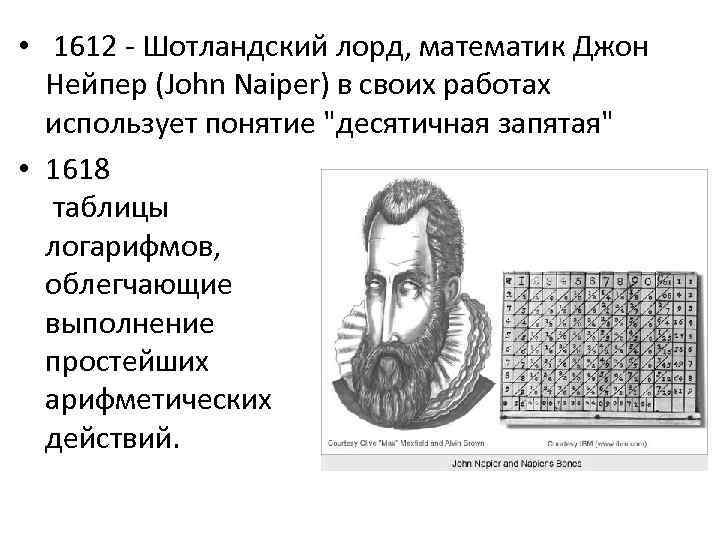  • 1612 - Шотландский лорд, математик Джон Нейпер (John Naiper) в своих работах