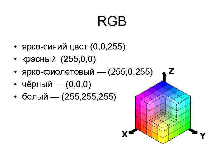 RGB • • • ярко-синий цвет (0, 0, 255) красный (255, 0, 0) ярко-фиолетовый