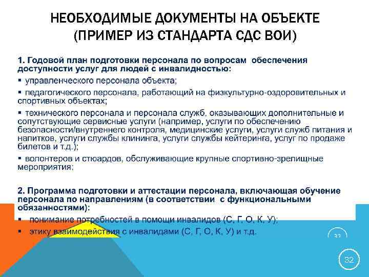 НЕОБХОДИМЫЕ ДОКУМЕНТЫ НА ОБЪЕКТЕ (ПРИМЕР ИЗ СТАНДАРТА СДС ВОИ) 32 