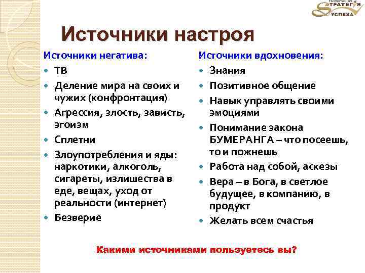 Источники настроя Источники негатива: ТВ Деление мира на своих и чужих (конфронтация) Агрессия, злость,