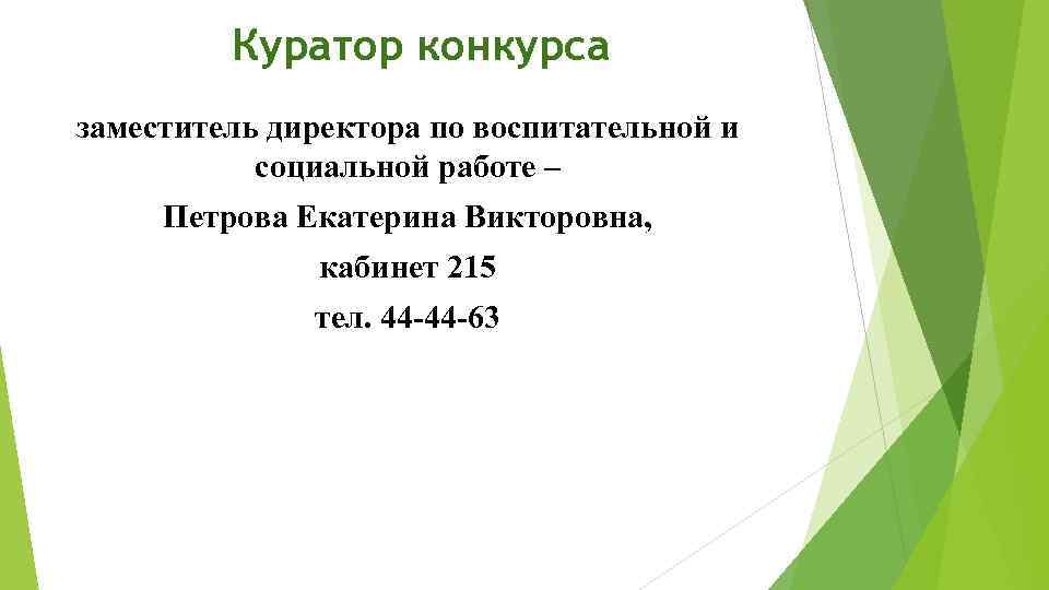 Куратор конкурса заместитель директора по воспитательной и социальной работе – Петрова Екатерина Викторовна, кабинет