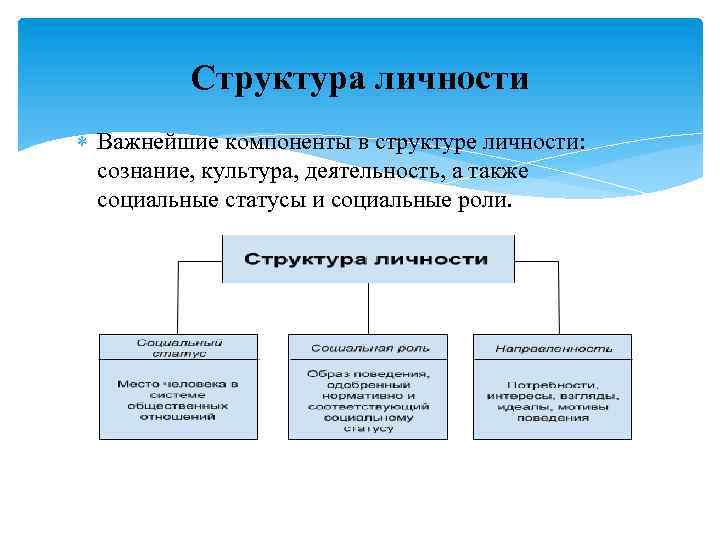 Структура личности Важнейшие компоненты в структуре личности: сознание, культура, деятельность, а также социальные статусы