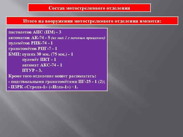 Состав мотострелкового отделения Итого на вооружении мотострелкового отделения имеются: пистолетов АПС (ПМ) - 3