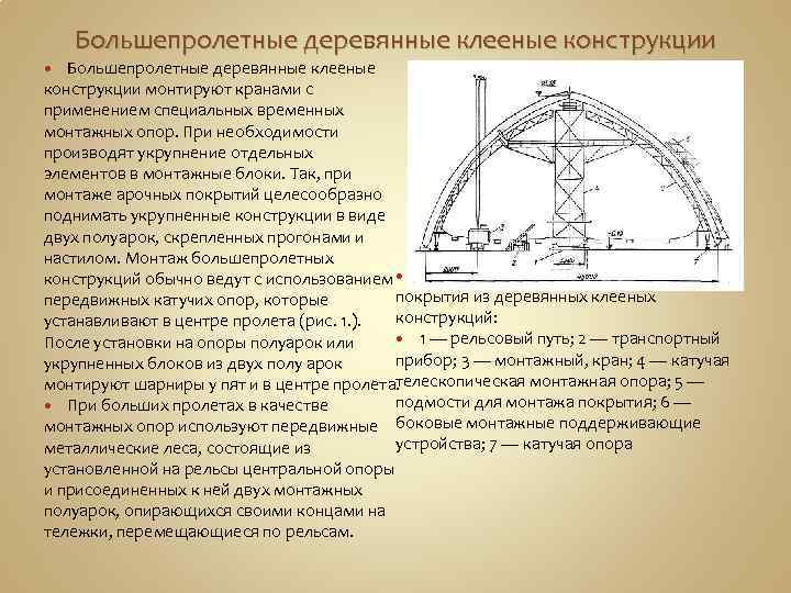 Большепролетные деревянные клееные конструкции монтируют кранами с применением специальных временных монтажных опор. При необходимости