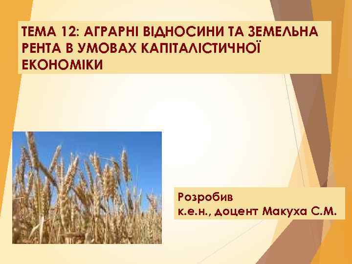 ТЕМА 12: АГРАРНІ ВІДНОСИНИ ТА ЗЕМЕЛЬНА РЕНТА В УМОВАХ КАПІТАЛІСТИЧНОЇ ЕКОНОМІКИ Розробив к. е.