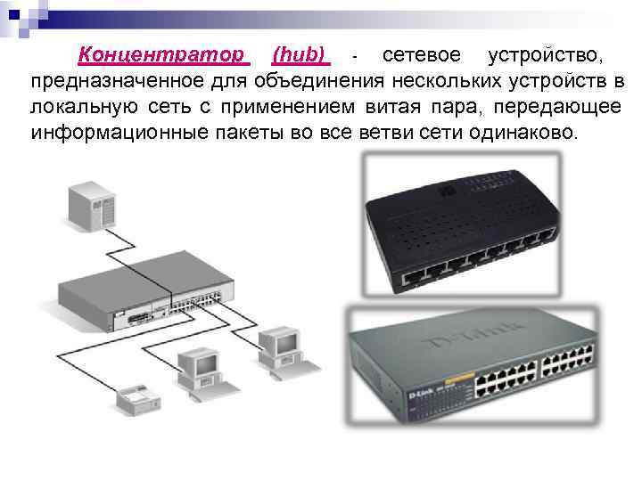 Концентратор (hub) - сетевое устройство, предназначенное для объединения нескольких устройств в локальную сеть с