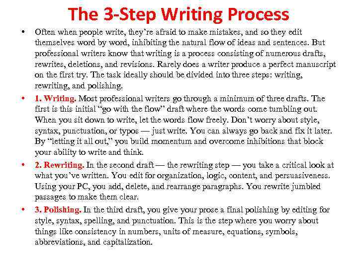 The 3 -Step Writing Process • • Often when people write, they’re afraid to