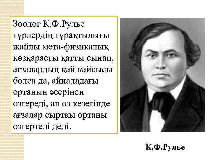 Зоолог К. Ф. Рулье түрлердің тұрақтылығы жайлы мета-физикалық көзқарасты қатты сынап, ағзалардың қайсысы болса