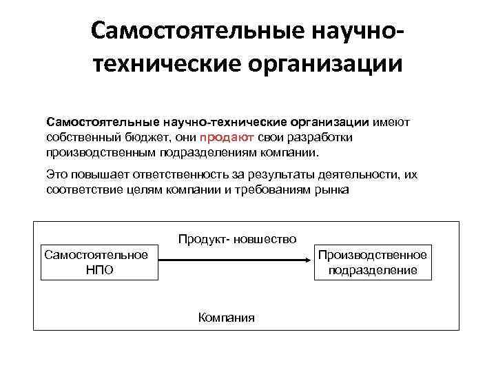 Самостоятельные научнотехнические организации Самостоятельные научно-технические организации имеют собственный бюджет, они продают свои разработки производственным