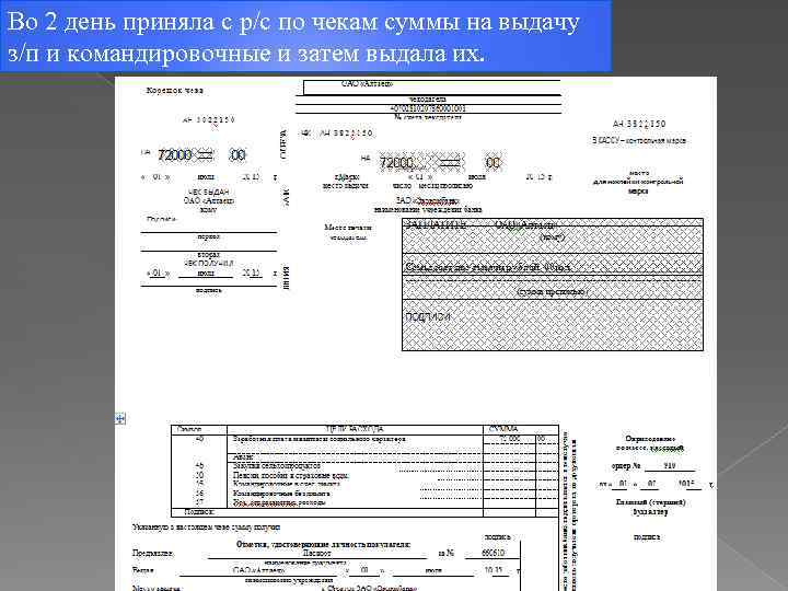 Во 2 день приняла с р/с по чекам суммы на выдачу з/п и командировочные
