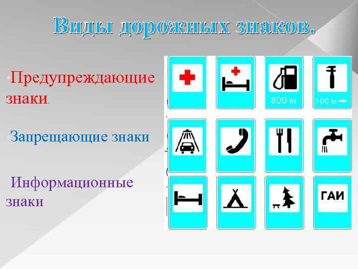 Виды дорожных знаков. • Предупреждающие знаки. • Запрещающие знаки • Информационные знаки 