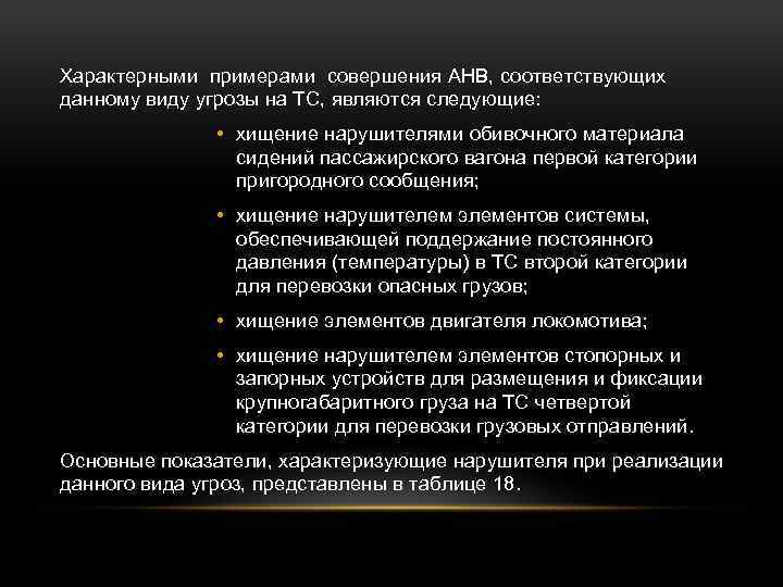 Характерными примерами совершения АНВ, соответствующих данному виду угрозы на ТС, являются следующие: • хищение