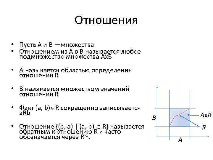 Отношения • Пусть А и В —множества • Отношением из А в В называется