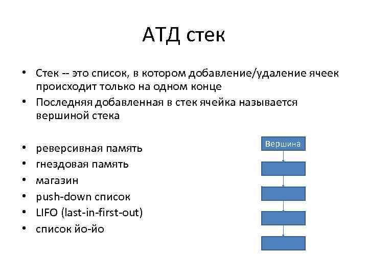 АТД стек • Стек -- это список, в котором добавление/удаление ячеек происходит только на