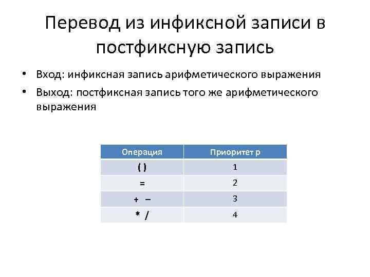 Перевод из инфиксной записи в постфиксную запись • Вход: инфиксная запись арифметического выражения •