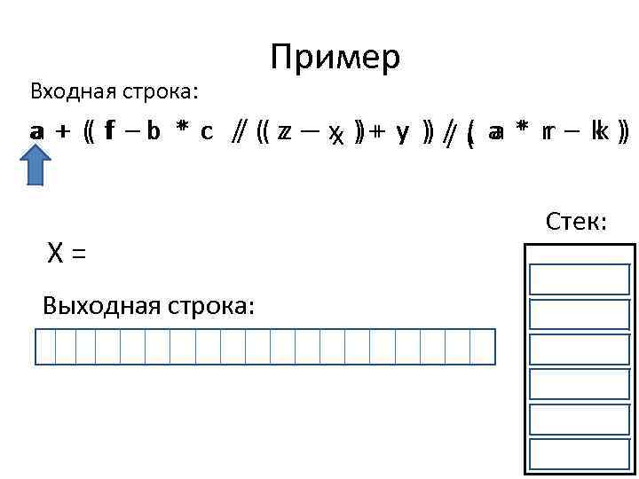 Входная строка: Пример a + (( f – b * c / (( z