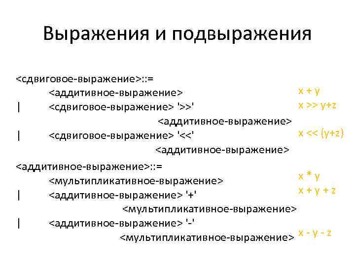 Выражения и подвыражения <сдвиговое-выражение>: : = x+y <аддитивное-выражение> x >> y+z | <сдвиговое-выражение> '>>'